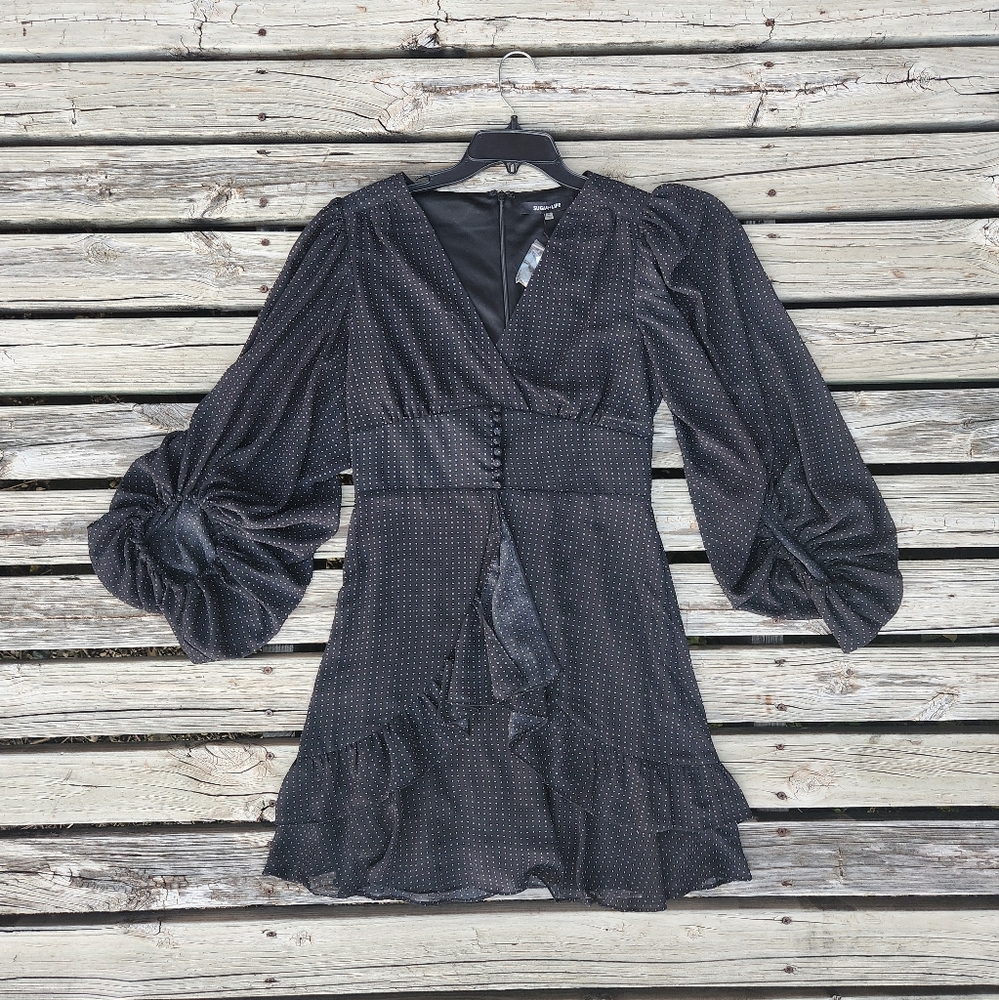 NWT SugarLips Black Polka Dot V Neck Baloon Sleeve Dress XS Button Ruffle Girly